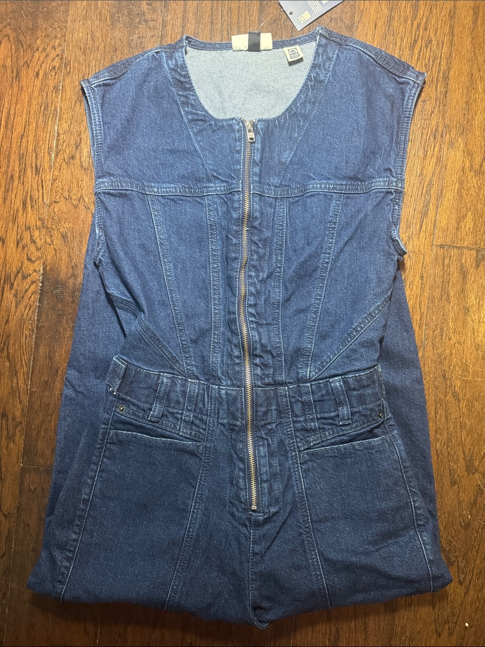 Universal Thread Blue Denim‎ Sleeveless Zip Jumpsuit Pockets Adjustable Waist 4